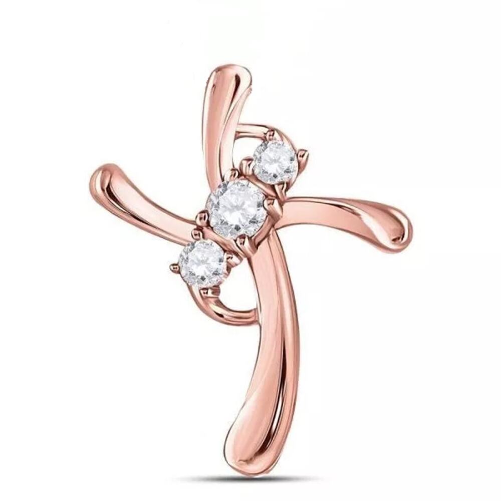 Diamond Three Stone Cross Pendant 14k Rose Gold Charm